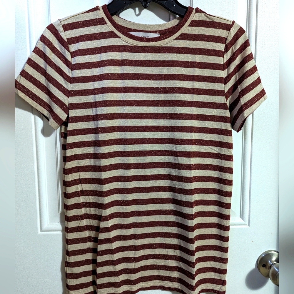 Red and tan striped T shirt with gold shimmer fabric size medium